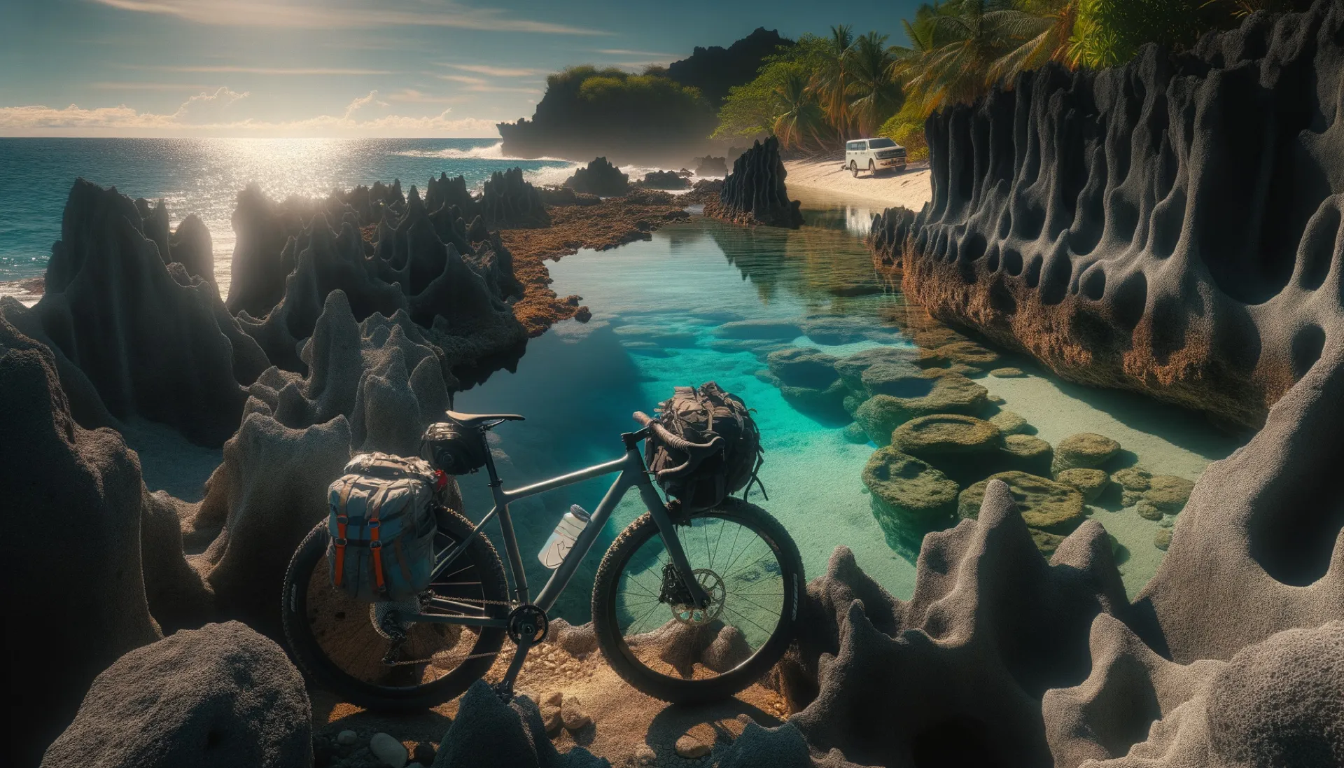 Gravel bike with bikepacking bags resting against volcanic rocks at the Magpupungko tidal rock pools, with turquoise natural pools and ocean horizon