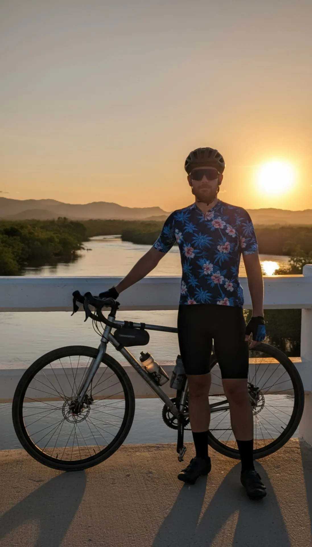 Cyclist in a tropical floral jersey standing with a gravel bike on a bridge at sunset, mangrove river and mountains in the background, Siargao Island