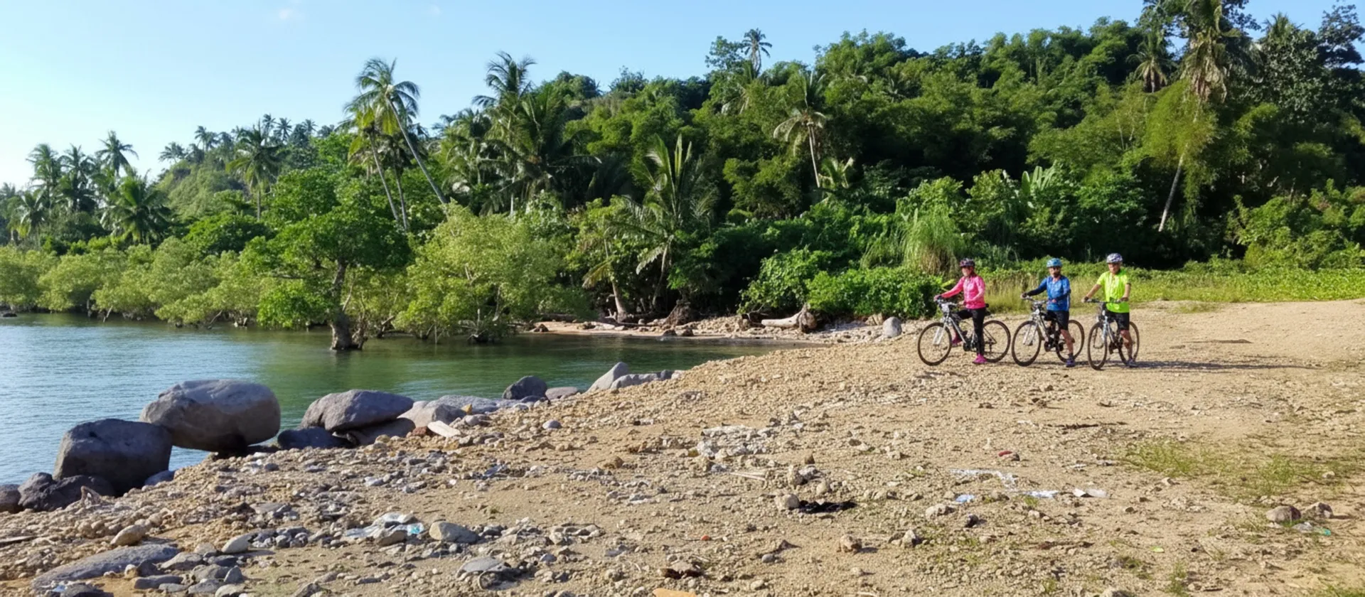 Gruppe von drei Radfahrern mit ihren Rädern an einem sandigen Mangrovenufer auf der Insel Siargao, Philippinen — Morgentour