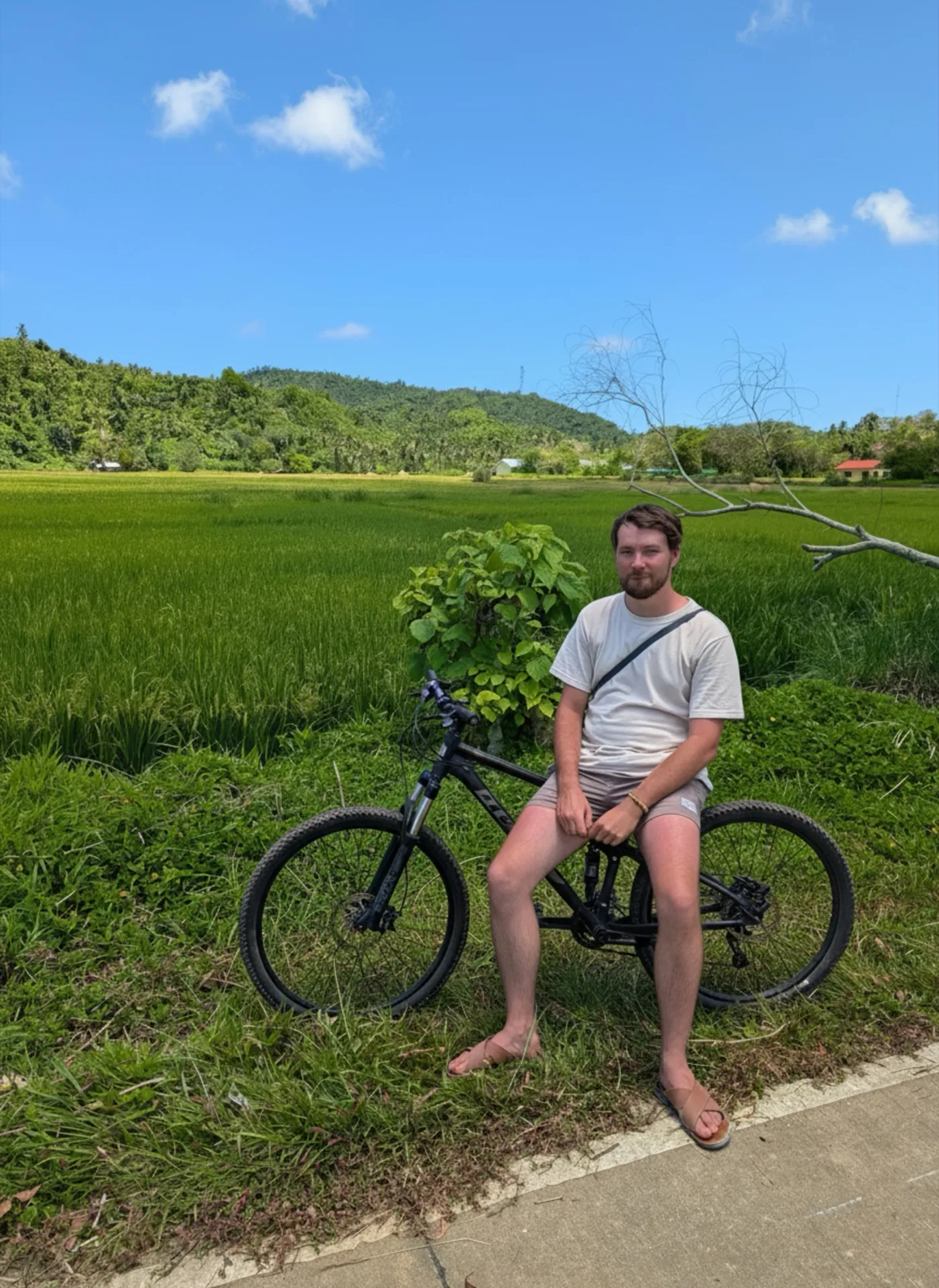 Rider with a mountain bike beside a green rice field, Siargao