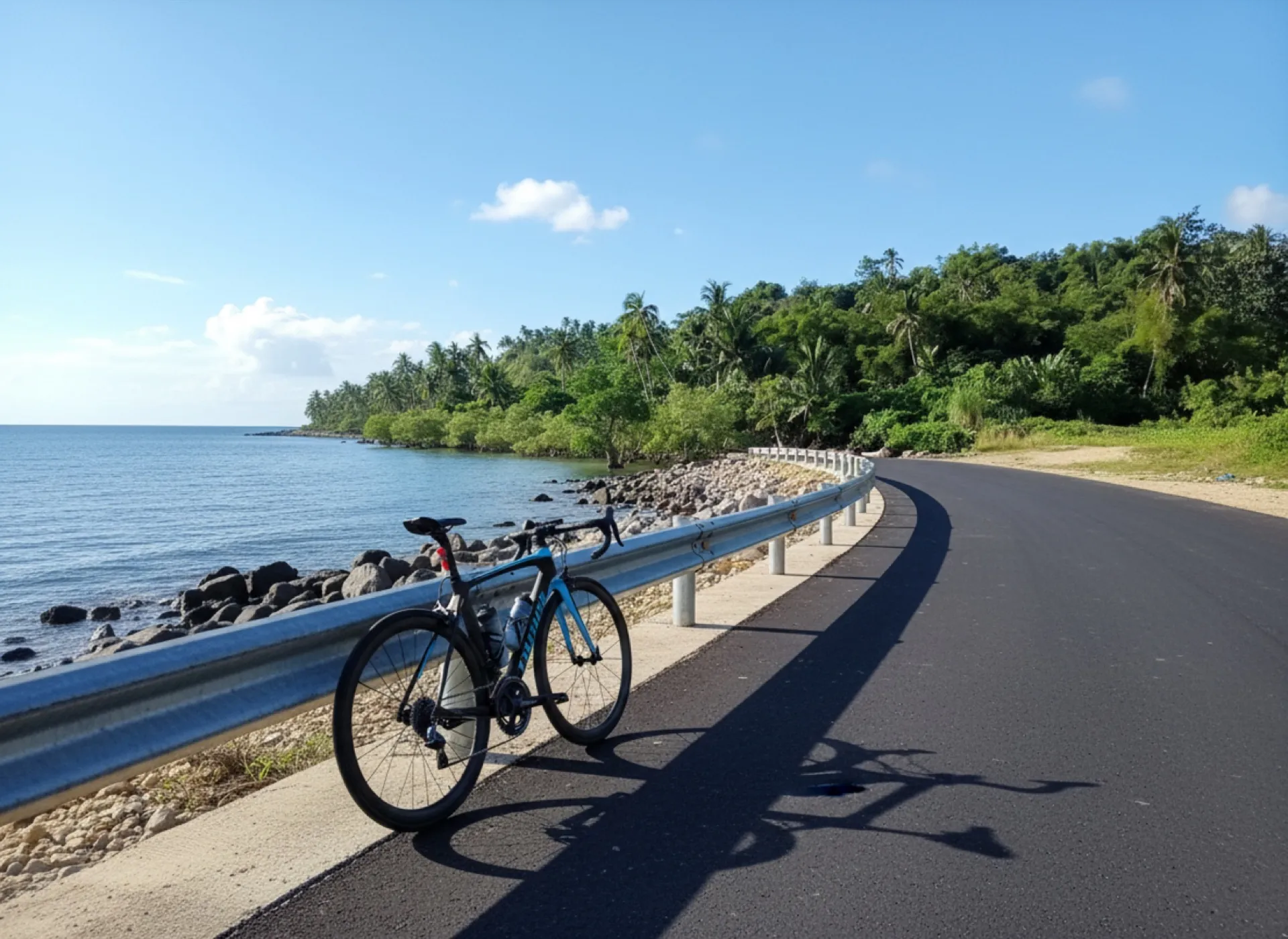 Modern carbon road bike with blue accents resting against a steel guardrail on a smooth paved coastal road, ocean and palm trees on Siargao Island